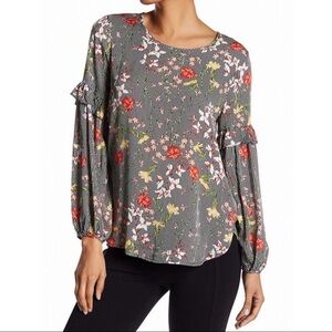 Pleione Ruffle Sleeve Floral Print Stripe Blouse L